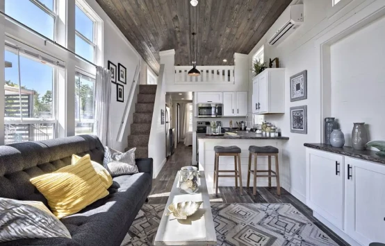 Living area with sofa and dining counter